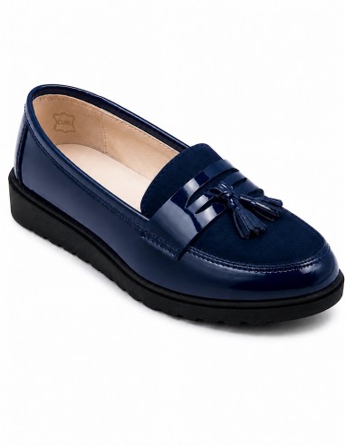mocassins femme vernis bleu marine semelle intérieure cuir pied sensible confort