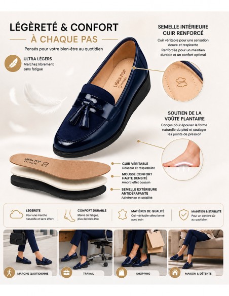 mocassins femme vernis bleu marine semelle intérieure cuir pied sensible confort