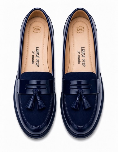 mocassins femme vernis bleu marine semelle intérieure cuir pied sensible confort vue dessus