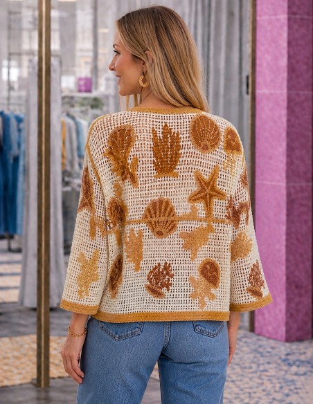 Top crochet femme coton coquillages - blouse bohème