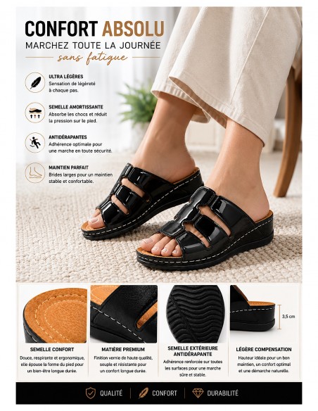 Sandales Femme Confort – Mules Orthopédiques, Semelle Antidérapante & Légère – Chaussures Mode Noir Vernis, Noir Mat, Doré