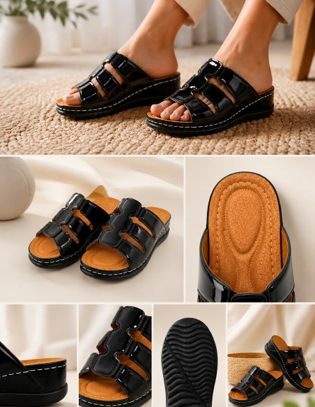 Sandales Femme Confort – Mules Orthopédiques, Semelle Antidérapante & Légère – Chaussures Mode Noir Vernis, Noir Mat, Doré