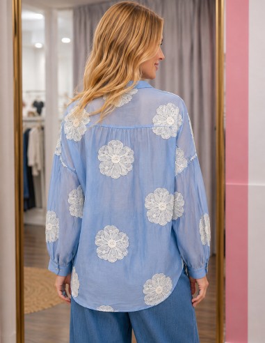 blouse brodée femme bleu effet soie boheme