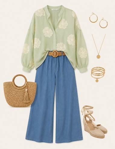 Blouse Femme Bohème Bleue Fleurie...