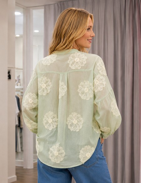 Blouse Femme Bohème Bleue Fleurie Brodée – Taille Unique du 36 au 44 – Chemise Fluide Chic Été Disponible en Plusieurs Coloris