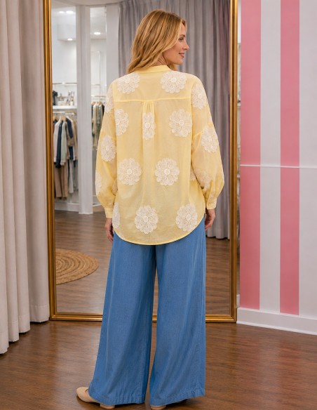 Blouse Femme Bohème Bleue Fleurie Brodée – Taille Unique du 36 au 44 – Chemise Fluide Chic Été Disponible en Plusieurs Coloris
