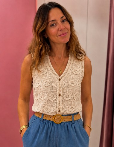 Gilet femme en coton brodé blanc –...
