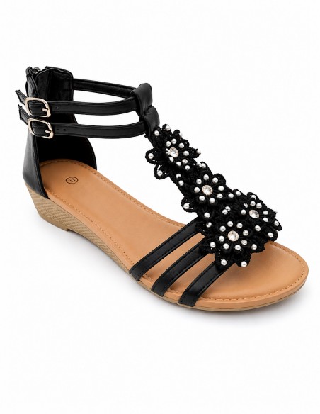 Sandales Femme Compensées Chic & Confortables Strass, Perles & Double Boucle noir