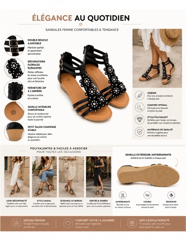 Sandales Femme Compensées Chic & Confortables  Strass, Perles & Double Boucle confortable