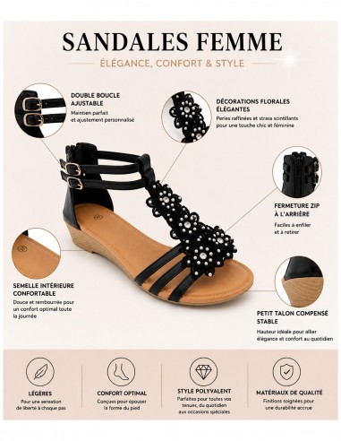 Sandales Femme Compensées Chic & Confortables – Strass, Perles & Double Boucle noir du 36 au 41