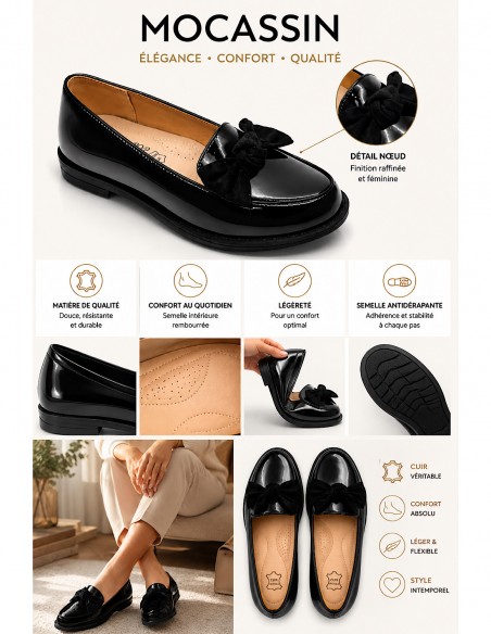 Mocassins Femme en Simili Cuir Verni - Chaussures Plates Elégantes et Confortables Intérieur Cuir avec Franges et Noeud