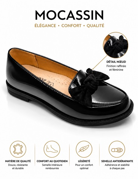 Mocassins Femme en Simili Cuir Verni - Chaussures Plates Elégantes et Confortables Intérieur Cuir avec Franges et Noeud