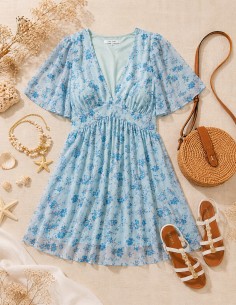 robe bohème femme fleurie bleu ciel manches courtes 2