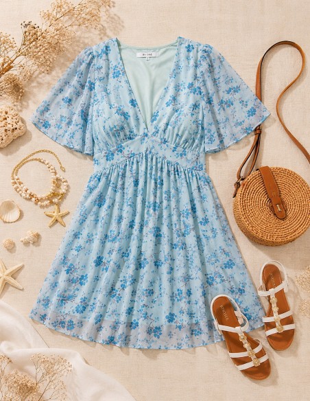 look bohème été robe bleu ciel fleurie manches courtes fluide du 34 au 50