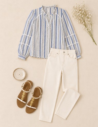 look bohème chic avec chemisier coton fleurie bleu ciel