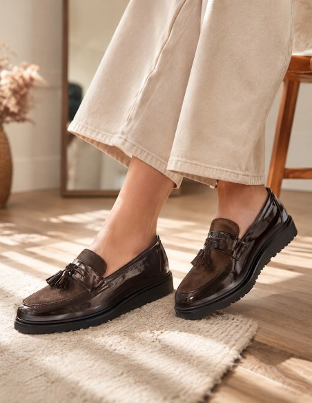 Mocassins vernis femme semelle compensée confort intérieur cuir & pampille