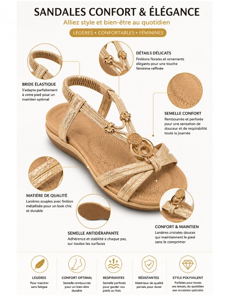 Sandales Femme Été Confort – Chaussures Plates à Bride Élastique, Semelle Respirante Antidérapante, Sandales Bohème Chic