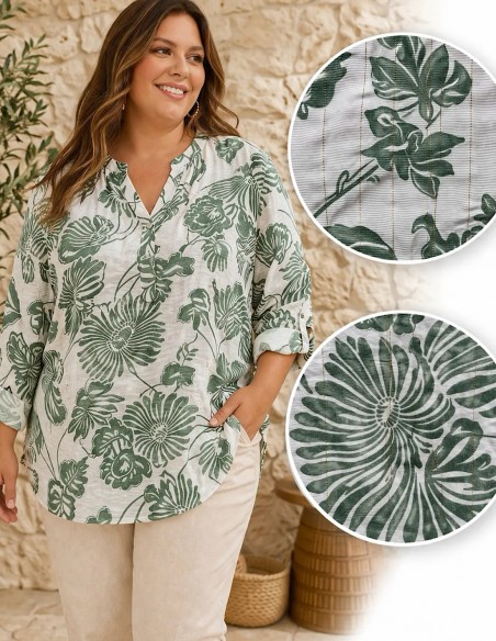 blouse femme fluide grande taille avec col v et motif vert pastel - confort et élégance