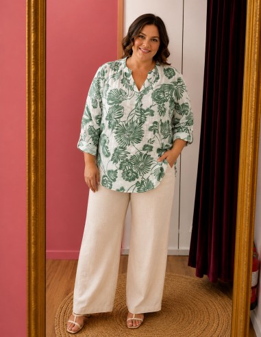 blouse femme fluide grande taille avec col v et motif vert pastel col en v et manches ajustables