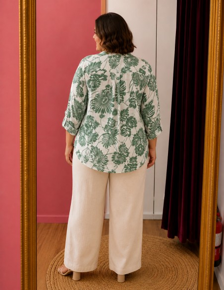 blouse femme fluide grande taille avec col v et motif vert pastel du 42 au 50