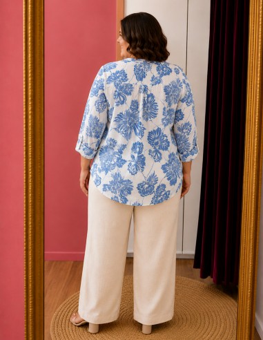 blouse femme fluide grande taille avec col v et motif bleu ciel pour le printemps du 42 au 50