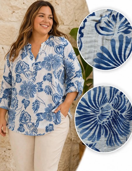 blouse femme fluide grande taille avec col v et motif bleu ciel pour le printemps du 42 au 50