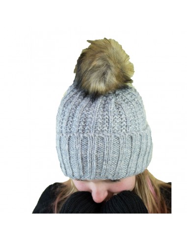 Bonnet femme aspect laine chinée tricotée & pompon fourrure synthétique Bonnet femme aspect laine chinée tricotée & pompon fourrure synthétique