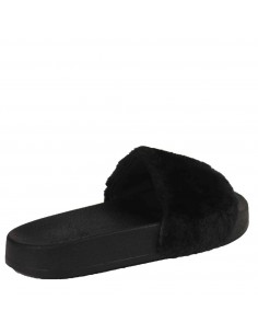 Mule femme fourrure rose ou noir style claquette fourrée à semelle rigide 2