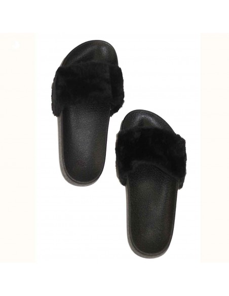 Mule femme fourrure rose ou noir style claquette fourrée à semelle rigide