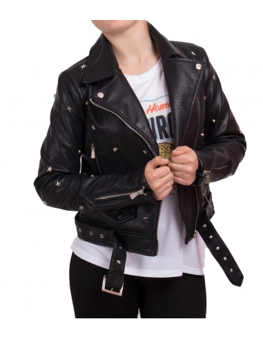 Veste noir perfecto femme court en simili cuir à ceinture avec clous & étoiles métal argenté type veste perfecto sexy Veste noir perfecto femme court en simili cuir à ceinture avec clous & étoiles métal argenté type veste perfecto sexy