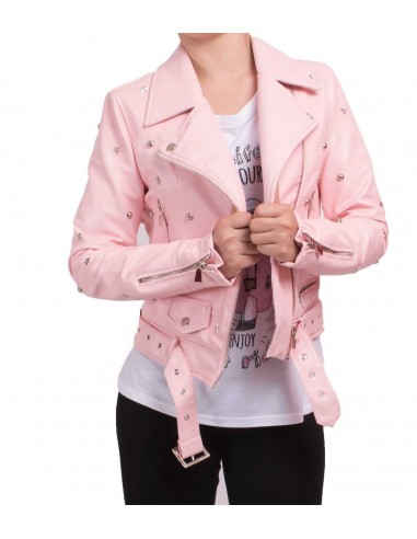 Veste perfecto femme sexy rose court en simili cuir à ceinture avec clous & étoiles argenté Veste perfecto femme sexy rose court en simili cuir à ceinture avec clous & étoiles argenté