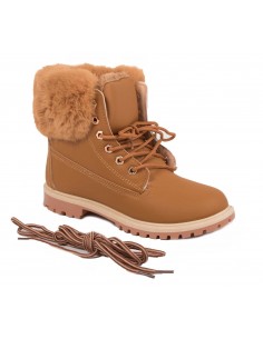 Bottines femme rangers fourrées & revers fourrure synthétique en simili cuir camel - noir - blanc 2