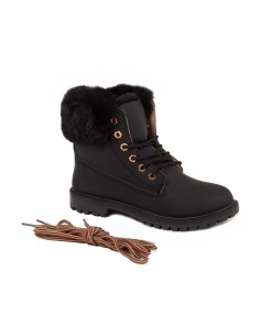 Bottines femme rangers fourrées & revers fourrure synthétique en simili cuir camel - noir - blanc 2