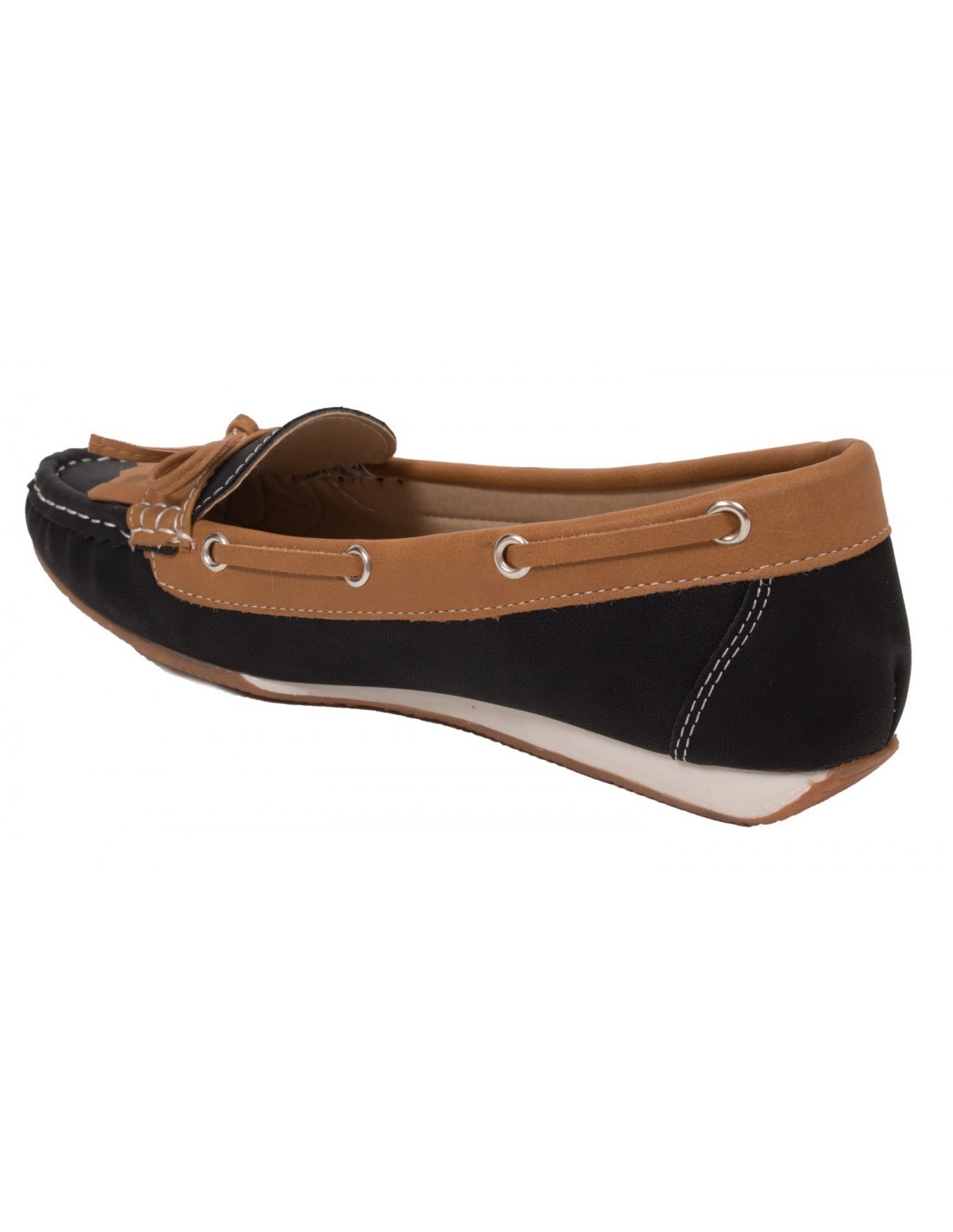 Mocassins bateau femme noir & camel - semelle intérieure cuir