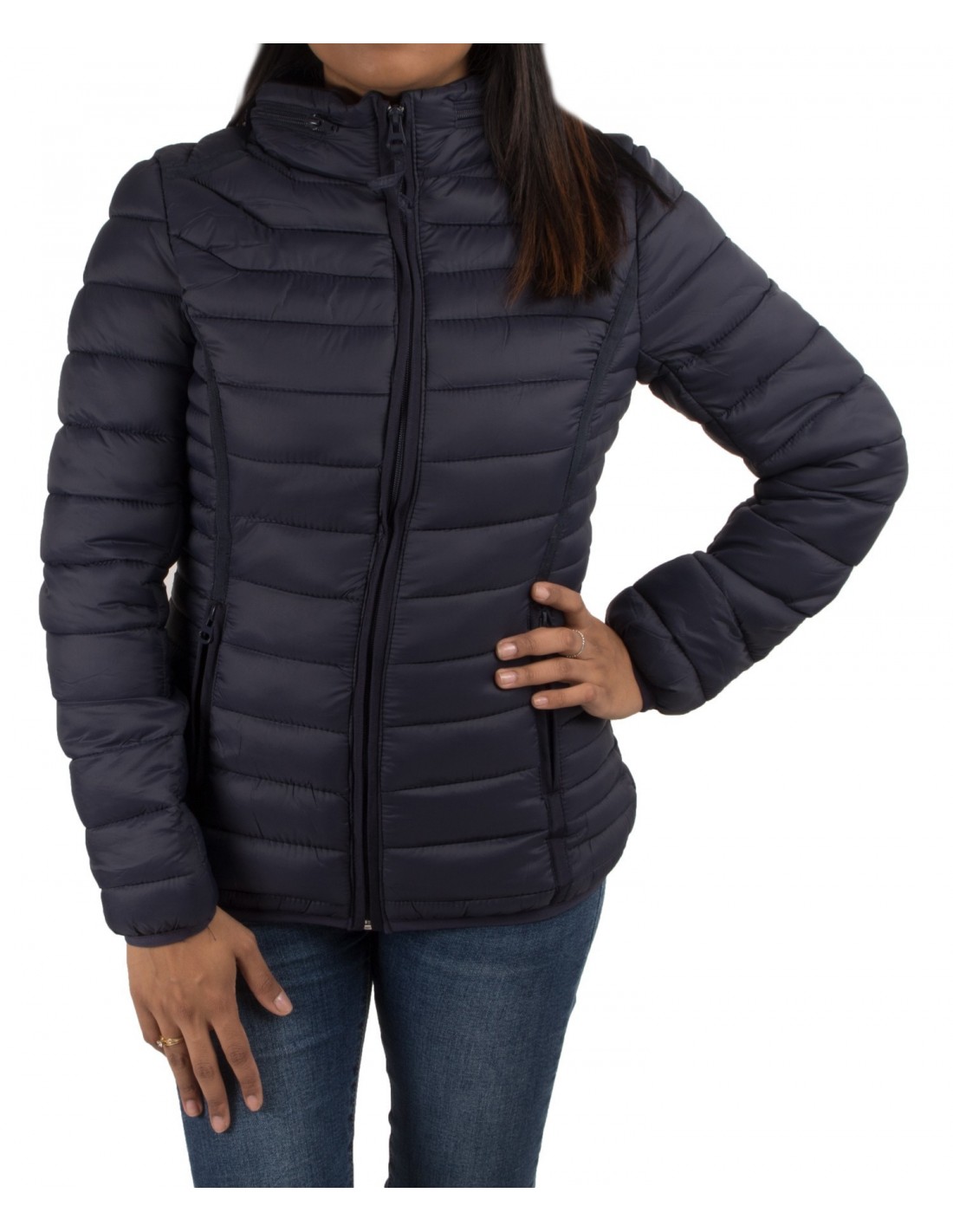 Doudoune fine cintr?�e femme avec capuche effet matelass?�e noir