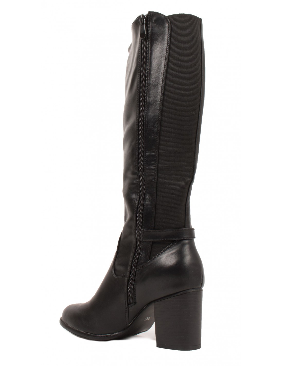 Bottes femme élastique à petit talon en simili cuir noir