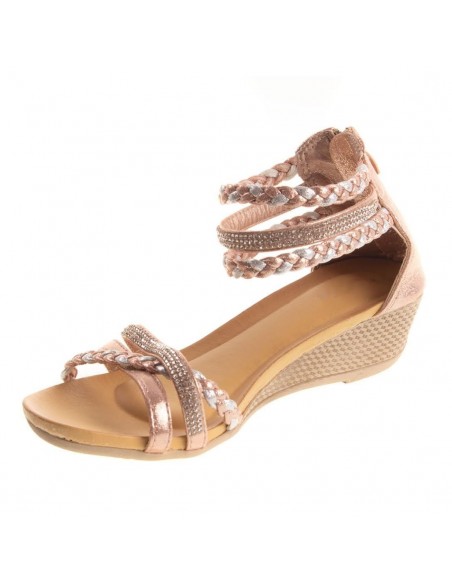 Sandales femme compensées petit talon bride cheville tressée & strass pas cher