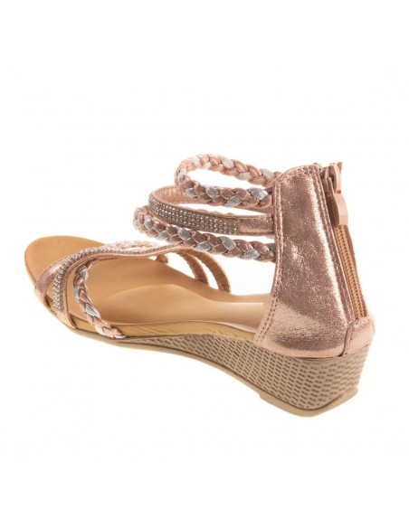 Sandales femme compensées petit talon bride cheville tressée & strass pas cher