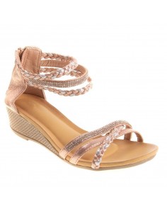 Sandales femme compensées petit talon bride cheville tressée & strass pas cher 2