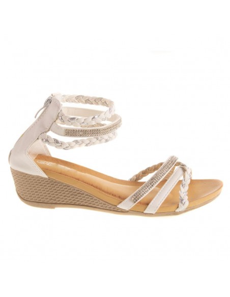 Sandales femme compensées petit talon bride cheville tressée & strass pas cher