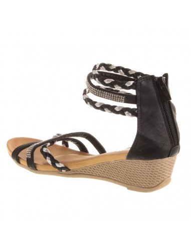 Sandales femme compensées petit talon bride cheville tressée & strass pas cher