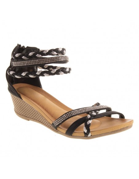 Sandales femme compensées petit talon bride cheville tressée & strass pas cher