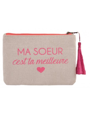 Pochette écriture rose fluo " Ma soeur c'est la meilleure " en toile fermeture zip & pompon tissu