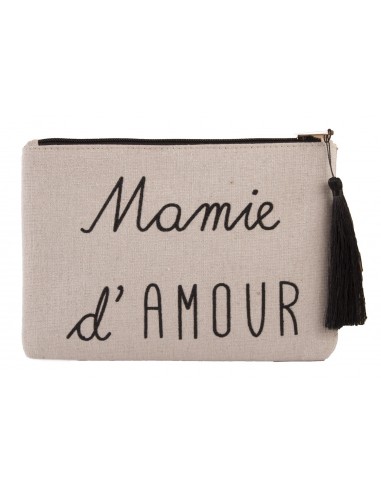 Pochette écriture noir " Mamie d'amour " en toile fermeture zip & pompon tissu