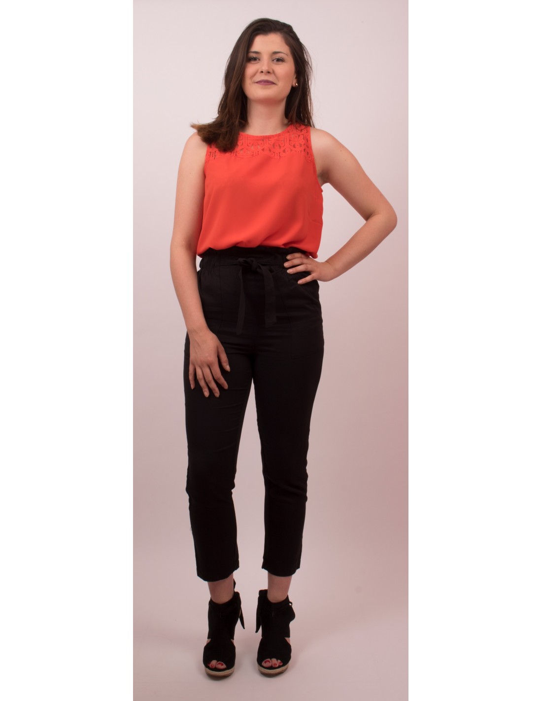 Pantalon femme Taille haute fourreau ceinture noeud effet ...