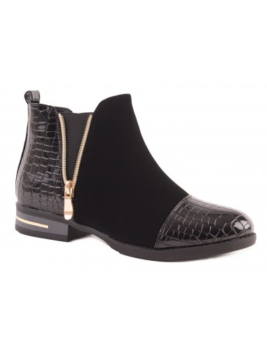 Bottines femme Noir motif croco simili Cuir vernis & daim à zip doré