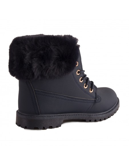 Bottines femme rangers fourrées & revers fourrure synthétique en simili cuir camel - noir - blanc