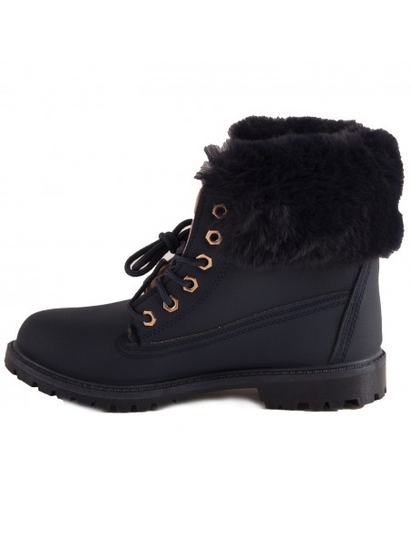 Bottines femme rangers fourrées & revers fourrure synthétique en simili cuir camel - noir - blanc