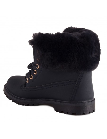Bottines femme rangers fourrées & revers fourrure synthétique en simili cuir camel - noir - blanc