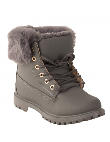 Bottines femme rangers fourrées & revers fourrure synthétique en simili cuir camel - noir - blanc